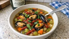 Miesmuschel-Gemüsesuppe mit Weißwein und getrockneten Tomaten – leicht und schnell