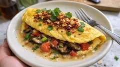 Indisches Gemüse-Omelett mit Shiitake – cremige Kokosfüllung & Chili-Kokos-Crunch