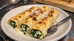 Herzhafte Spinat-Ricotta-Crêpes aus dem Ofen – mit Béchamel goldbraun überbacken