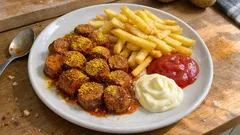 Soja-Currywurst mit knusprigen Pommes und frischer Mayo – wie vom Imbiss, nur zuhause