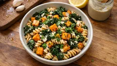 Warmer Linsennudelsalat mit Kürbis & Grünkohl – cremiges Tahini-Dressing vom Blech