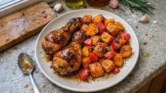 Honig-Hähnchenkeulen aus dem Ofen – mit Kürbis, Paprika und Kräuterbutter