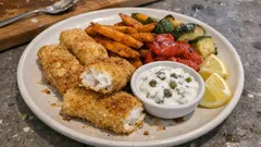 Selbstgemachte Fischstäbchen aus dem Ofen – mit Ofengemüse und zitronigem Joghurt-Dip