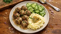 Vegetarische Köttbullar aus Champignons & Bohnen – mit Kartoffelpüree und Gurkensalat